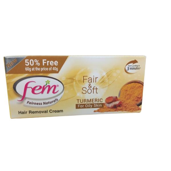 Netmeds | Fem Fairness Naturals Fair & Soft Hair Removal Cream for Oily Skin -Turmeric 60g ( 40g + 20g free)