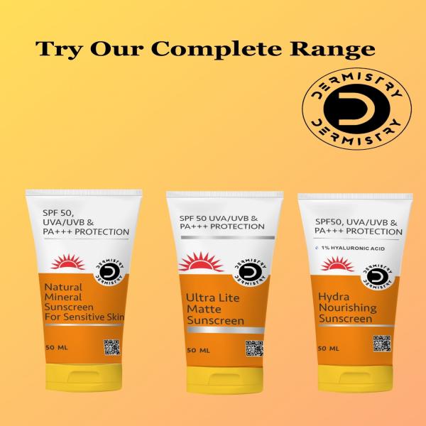 Dermistry Natural Mineral Sunscreen SPF 50 UVA UVB PA+++ Protection - Sensitive Skin 50 ml + 1% Hyaluronic Acid Hydra Nourishing Sunscreen SPF 50 UVA UVB PA+++ Protection 50 ml - Face Sunscreen