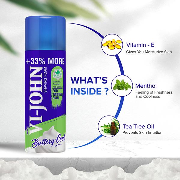 VI-John Shaving Foam for Sensitive Skin with Vitmin E and Anti-Bacterial 400gm each -Shaving Foam for Men 2's - Shaving Foams