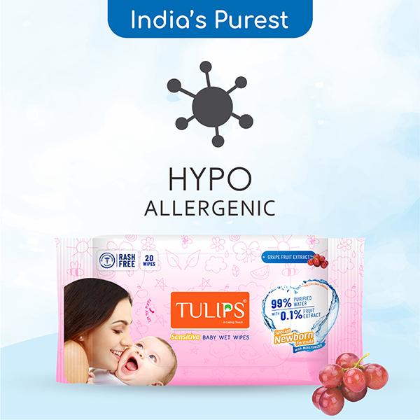 Tulips Sensitive Baby Wet Wipes Grape Fruit Extract Special newborn formula with Moisturizer 20's - Diapers & Wipes