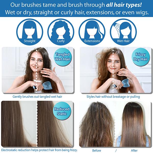 NuWay 4HAIR U.S. Patented Detangler Hair Brush for Men & Women - Blue - Detangling C Brush 1s 1's - Hair Brushes