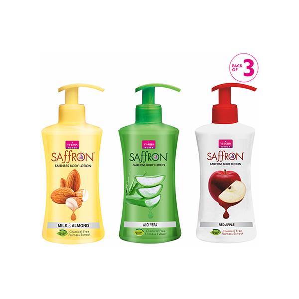 Netmeds | Vi-John Women Saffron Fairness Body Lotion Combo (Red Apple + Aloevera + Milk&Almond) Pack of 3 x 250 ml