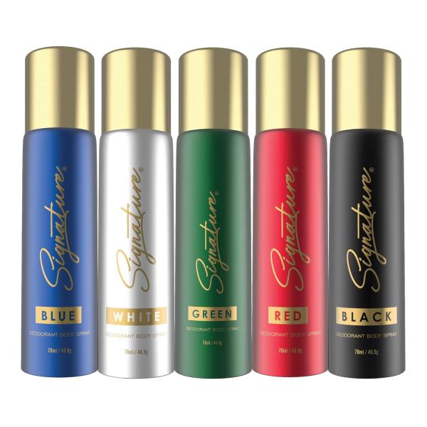 Netmeds | Signature Perfume Body Spray - (Black, White, Red, Blue, Green) (Combo Pack Of 5 x 70 ml) 350 ml