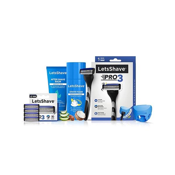 Netmeds | LetsShave Pro 3 Razor + Razor Blades 4's + After Shave Balm + Shave Foam + Razor Cap - Men