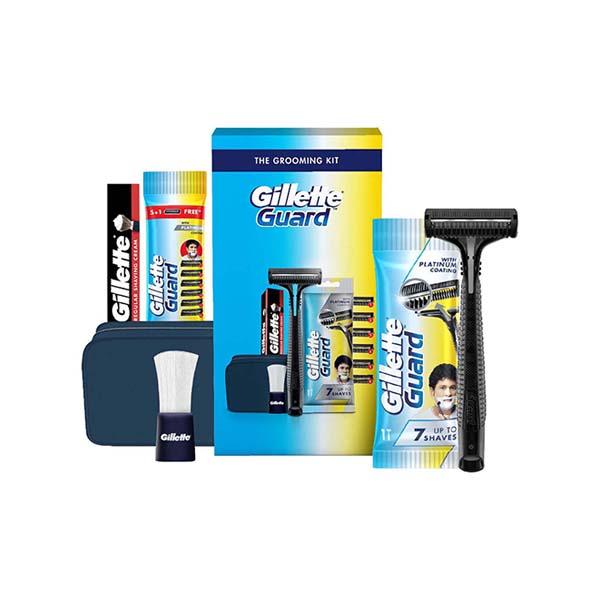 Netmeds | Gillette Guard 5 in 1 Shaving Kit with a Travel Pouch, 1 Razor, 6 Blades, 1 Shaving Cream, 1 Shaving Brush Combo Grooming Kit Gift Set for Men 1's