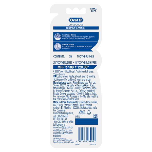 Oral-B Crisscross Sensitive UltraThin Toothbrush - Extra Soft (Buy 2 Get 1 Free) - Toothbrushes