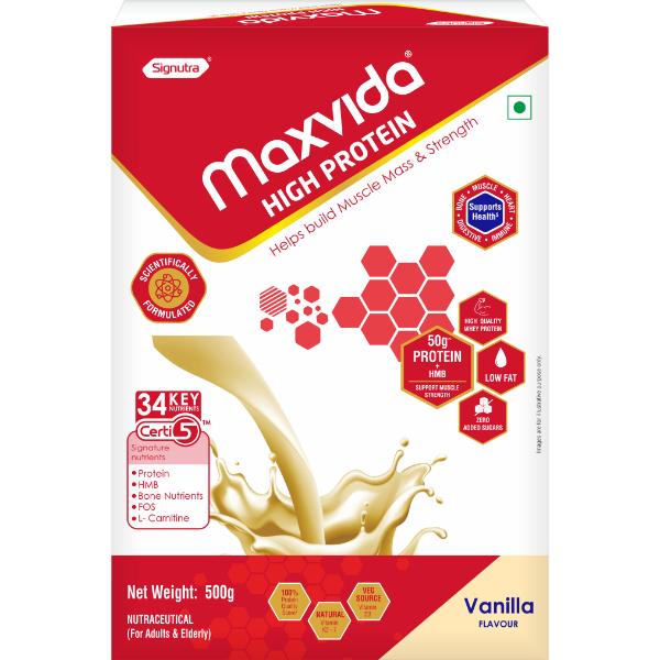 Netmeds | Maxvida High Protein Powder - Vanilla Flavour (Refill Pack) 500 g
