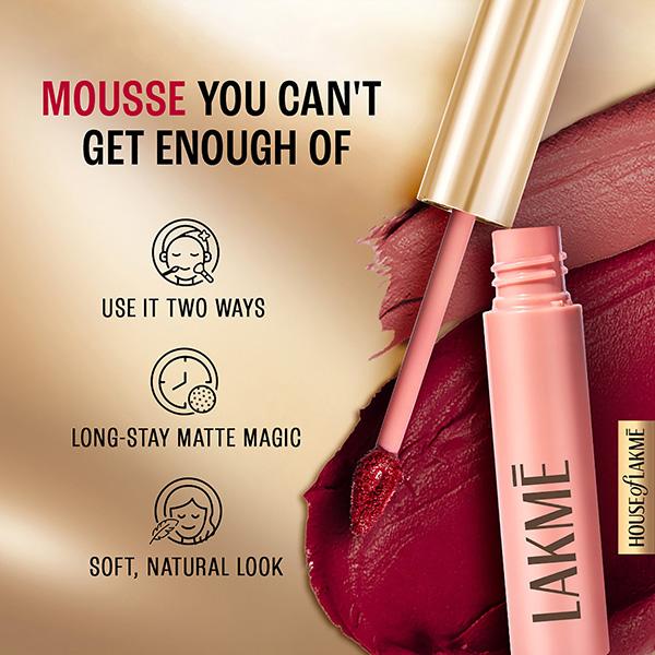 Lakme Double Duty Lip & Cheek Mousse Matte Lipstick & Soft Blush, Rosy Plum,9gm - Lipsticks