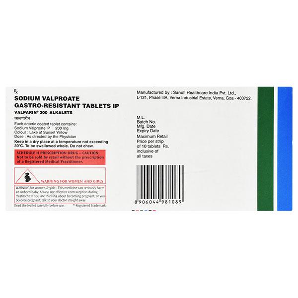 Valparin Alkalets 200mg Tablet 10'S - Epilepsy/Convulsion-Ant