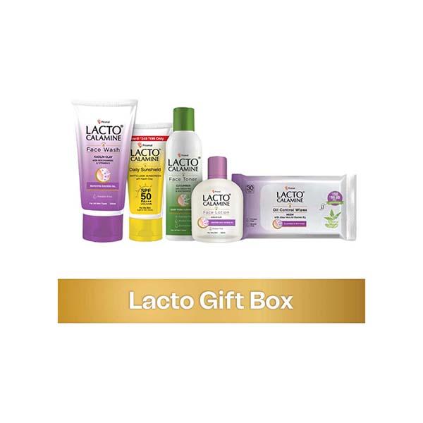 Netmeds | Lacto Calamine Gift Box, Face Wash, Face Lotion, Sunscreen, Facial Wipes, Toner, Oil Free Radiance 850 gm
