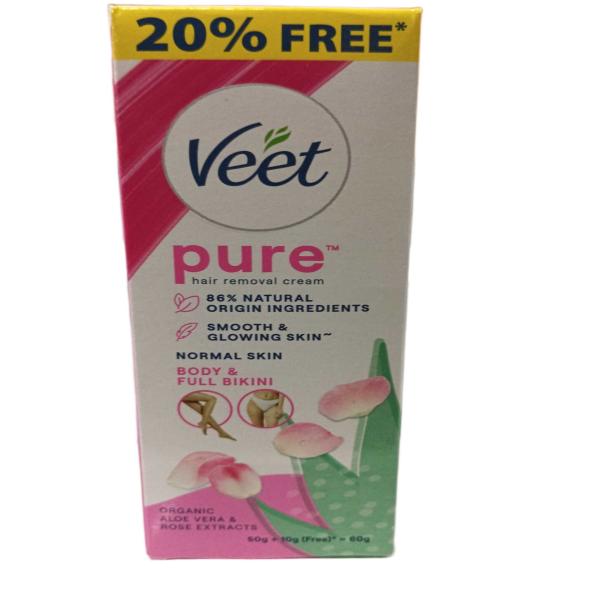 Netmeds | Veet Pure Normal Skin Body & full bikini Hair Removal Cream - Organic Aloe Vera & Rose Extracts (Pack of 50 + 10 g Free) 60 g