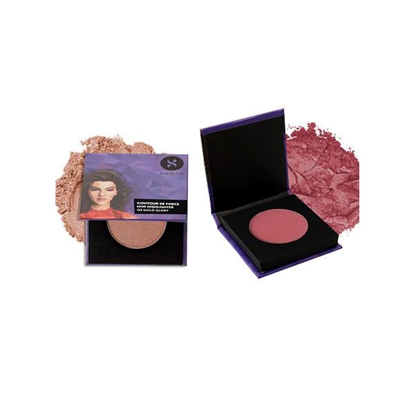 Sugar Cosmetics Contour De force Mini Blush - 02 Pink Pinnacle + Contour De force Mini Highlighter - 02 Gold Glory 1's - Highlighters & Illuminators