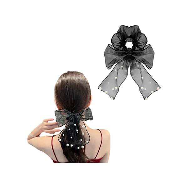 Netmeds | Majestique Pearl Bow Scrunchies Net Ponytail Holder, Rubber Band Hair Accessories Best Gift For Girls,Women - Black 1's