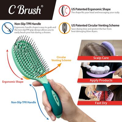 NuWay 4HAIR U.S. Patented Detangler Hair Brush for Men & Women - Green - Detangling C Brush 1s 1's - Hair Brushes