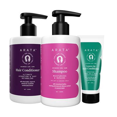 Arata Advanced Curl Care Hair Shampoo (300 ML), Rinse-Out Conditioner (300 ML) & Leave-In Conditioner (100 ML) 700 gm - Shampoos