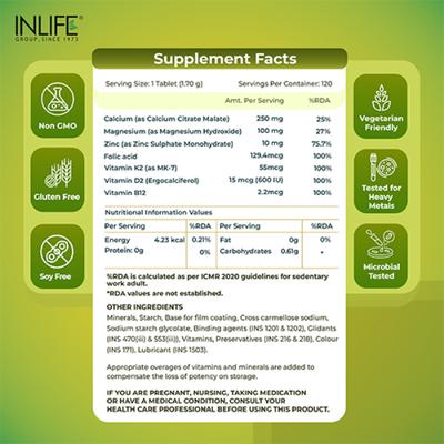 Inlife Calcium, Zinc, Magnesium, Vitamin D2 + K2 Tablet 120's - Calcium And Minerals