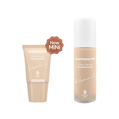 Mamaearth Glow Serum Foundation Mini Tube with Vitamin C & Turmeric for 12-Hour Long Stay- 03 Nude Glow 12-Hour Long Stay, 2X Instant Glow 18 ml - Foundation