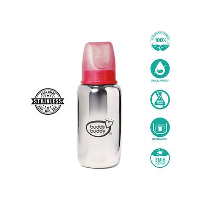 Buddsbuddy RIO Stainless Steel Regular Neck Feeding Bottle - Pink 180 ml - Feeding & Nursing