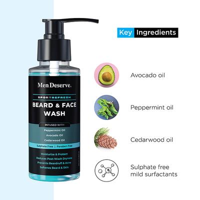 Men Deserve Sport Refresh Beard & Face Wash Infusion with Peppermint Oil Avocade Oil, Cedarwood Oil Sulphate Free, Paraben Free 100ml - Beard Wash