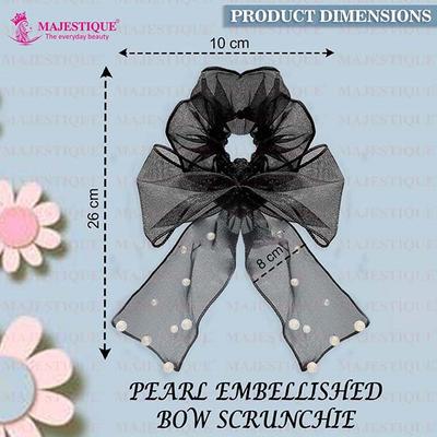 Majestique Pearl Bow Scrunchies Net Ponytail Holder, Rubber Band Hair Accessories Best Gift For Girls,Women - Black 1's - Hair Clips/Bands