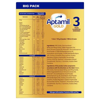 Aptamil Gold 3 Follow Up Infant Formula Stage 3 Powder (After 12 months) (Pack of 3 x 400 g) 1.2 kg - Baby And Infant Supplements