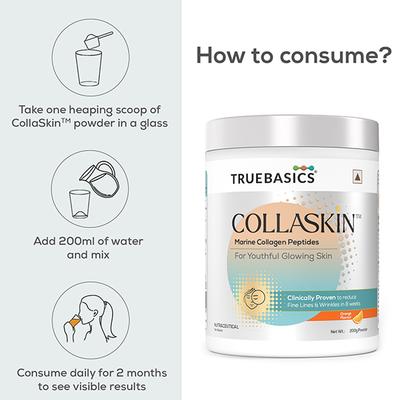 Hk Vitals Truebasics Collaskin, Marine Collagen Peptides for Youthful Glowing Skin, Orange 200 gm - Hair & Skin