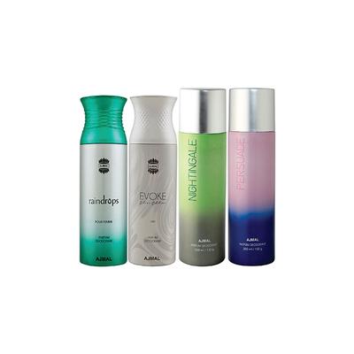Ajmal 1 Raindrops Femme, 1 Evoke Silver Edition For Him, 1 Nightingale And 1 Persuade Deodorants Pack of 4 200 ml - Deodorants/Roll-Ons