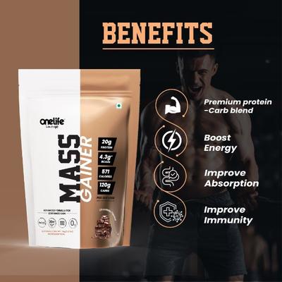 Onelife Mass Gainer Powder - Chocolate (Pouch) 1 kg - Workout Essentials
