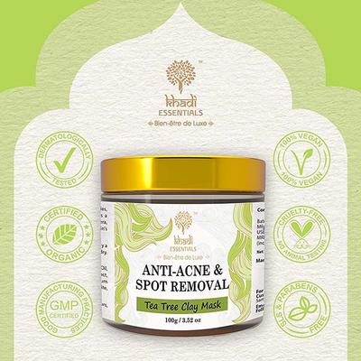 Khadi Essentials Tea Tree Clay Mask For Anti Acne and Blemishes SLS Paraben Free 100 gm - Masks & Peels