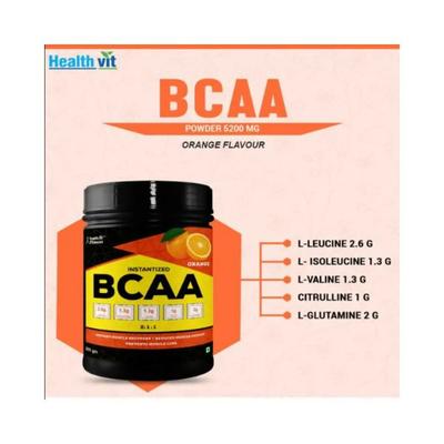 Healthvit Fitness 100% Micronized BCAA 5200mg 2-1-1 with L-Glutamine and Citrulline, (10 Servings) Tangy Orange Keto Friendly, Caffeine Free 200 gm - General Health