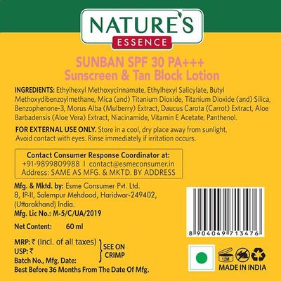 Nature'S Essence Sunban Spf 30 Pa+++ Sunscreen & Tan Block Lotion 60 ml - Face Sunscreen