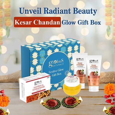 Globus Naturals Kesar Chandan Diwali Glow Gift Box, Face Wash 75gm, Peel Off Mask 100gm, Face Gel 100gm, Saffron and Sandalwood Soap 100gm 1's - Makeup Kits & Sets