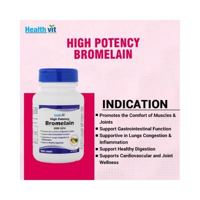 Healthvit High Potency Bromelain 3000 GDU/Gram Natural Supplement, Non-Synthetic, 500 mg- Capsules 60's - Herbal Dietary Supplement