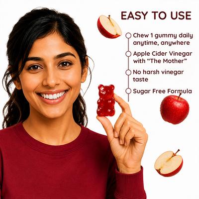 Purna Gummies Sugar Free Apple Cider Vinegar for Adults and Kids Better Digestion and Clear Skin 30's - Apple Cider Vinegar - Acv