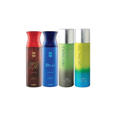 Ajmal 1 Sacred Love, 1 Blu Homme, 1 Nightingale And 1 Distraction Deodorants Pack of 4 200 ml - Deodorants/Roll-Ons