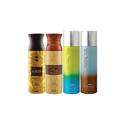 Ajmal 1 Aurum Femme, 1 Wisal Dhahab Homme, 1 Distraction And 1 Magnetize Deodorants Pack of 4 200 ml - Deodorants/Roll-Ons