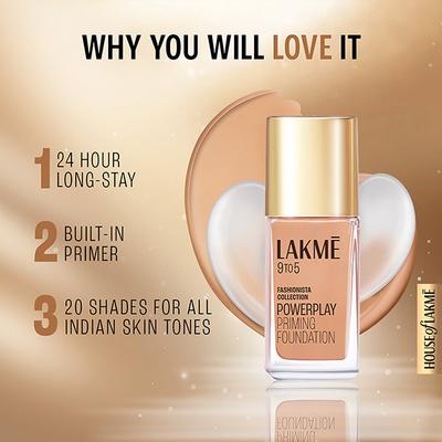 Lakme 9to5 Powerplay Priming Foundation, Built in Primer, SPF 20, Warm Creme, 25 ml - Foundation