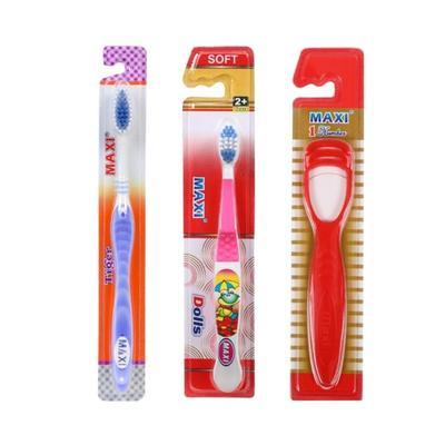 MAXI Oral Care Hygiene Family Combo Pack - (Tiger 4's + Dolls Junior 2's + Tongue Cleaner-No.1 2's) - Toothbrushes