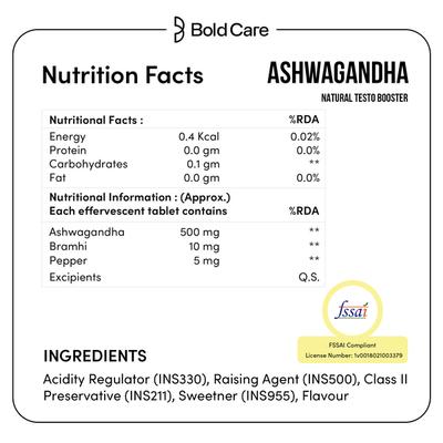 Bold Care Ashwagandha Natural Testo Booster Effervescent Tablets - Lemon Flavour 20's - Other Supplements