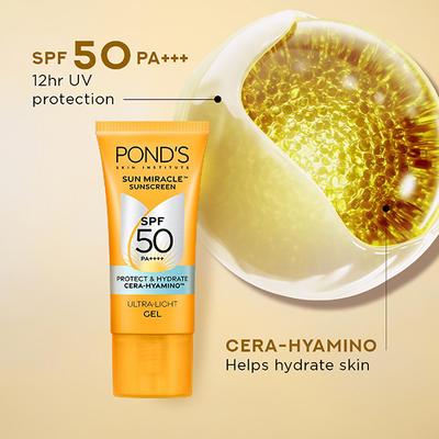 POND’s Sun Miracle SPF 50 PA+++ Ultra Light Gel Sunscreen - Protect & Hydrate, with Cera-Hyamino 50gm - Face Sunscreen