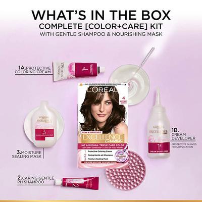 L'Oreal Paris Excellence Creme Hair Color, 4 Natural Brown 100gm+72ml - Crème