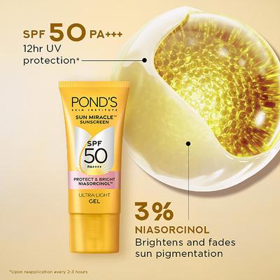 POND'S Sun Miracle, with 3% Niasorcinol, Ultra Light Gel SPF 50 for Radiant Skin 100gm - Body Sunscreen
