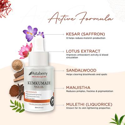 Astaberry Indulge Kumkumadi Face Oil - Rejuvenating & Brightening and Helps Reduce Blemishes 30 ml - Face Oils