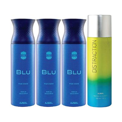Ajmal 3 Blu Homme For Men And 1 Distraction For Men & Women High Quality Deodorants Combo (Pack Of 4) 800 ml - Perfumes (Edt/Edp)