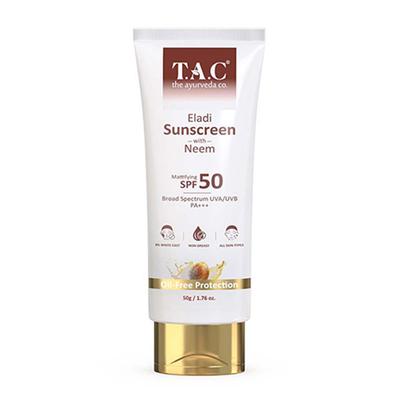TAC - The Ayurveda Co. Sunscreen SPF 50 for UVA & UVB Sun Protection With Eladi, Neem & Aloevera, Quick Drying & Water-Resistant 50 gm - Body Sunscreen