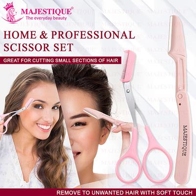 Majestique Eyebrow Trimmer Scissors with Folding Facial Razors - Multicolor 3's - Face & Eyebrow Razors