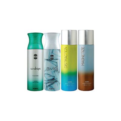 Ajmal 1 Raindrops Femme, 1 Avid Homme, 1 Distraction And 1 Magnetize Deodorants Pack of 4 200 ml - Deodorants/Roll-Ons