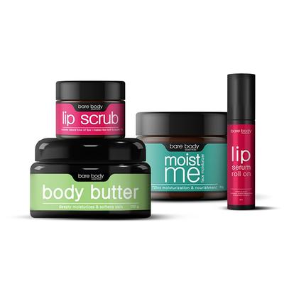 Bare Body Essentials Winter Essentials Combo - Lip Scrub 15g, Lip Serum 8ml, Body Butter 100g & Moist me 50g 1's - Lip Scrubs