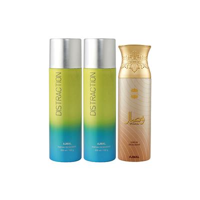 Ajmal 2 Distraction And 1 Wisal Deodorants Pack of 3 200 ml - Deodorants/Roll-Ons
