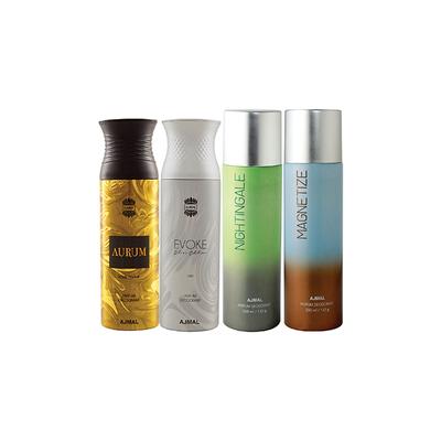 Ajmal 1 Aurum Femme, 1 Evoke Silver Edition For Him Homme, 1 Nightingale And 1 Magnetize Deodorants Pack of 4 200 ml - Deodorants/Roll-Ons